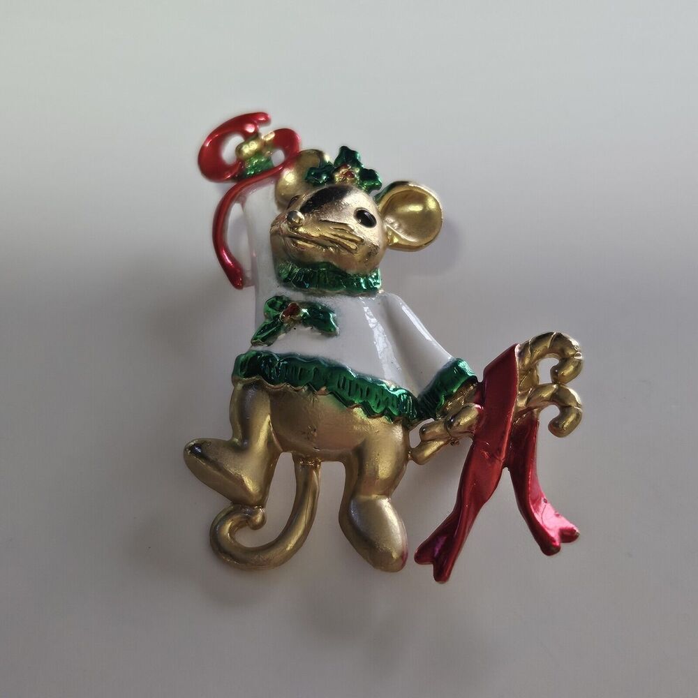 AJC Gold Tone Vintage Green And White Enamel Holiday Mouse Brooch